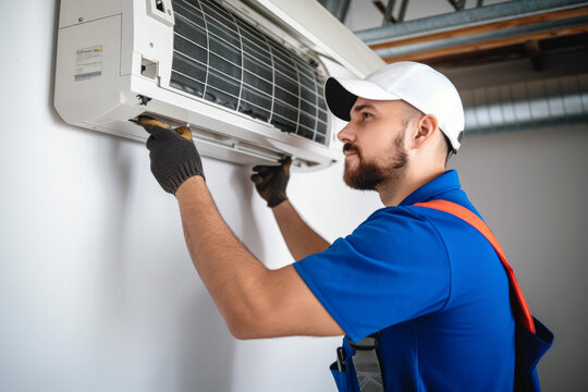 HVAC technician installing a mini split air conditioner in Hawthorne