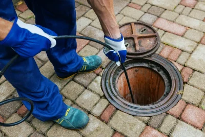 Plumber cleaning an outdoor sewer drain in Hawthorne