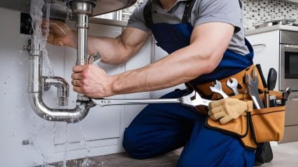 Plumber repairing pipes beneath a sink in Hawthorne